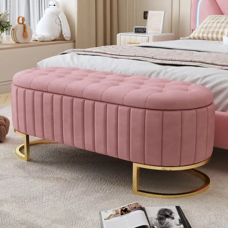 Button-Tufted Upholstered Velvet Storage Ottoman Bench with Metal Legs