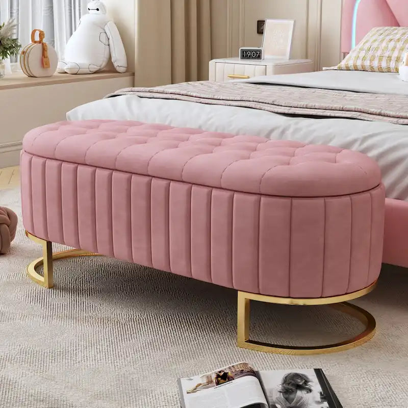 Button-Tufted Upholstered Velvet Storage Ottoman Bench with Metal Legs