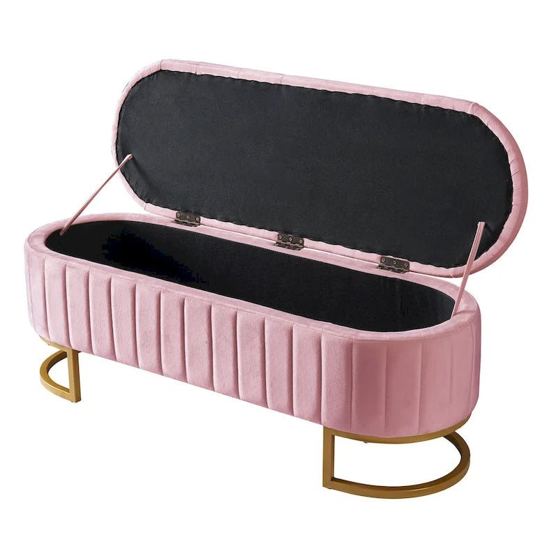 Button-Tufted Upholstered Velvet Storage Ottoman Bench with Metal Legs