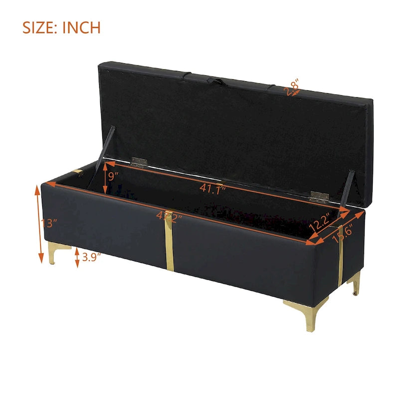 PU Fabric Upholstered Storage Ottoman Bench with Metal Legs, Fully Assembled Except Legs