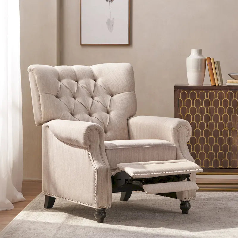 Push Back Recliner, Footrest, Button Back, Nailhead Trim
