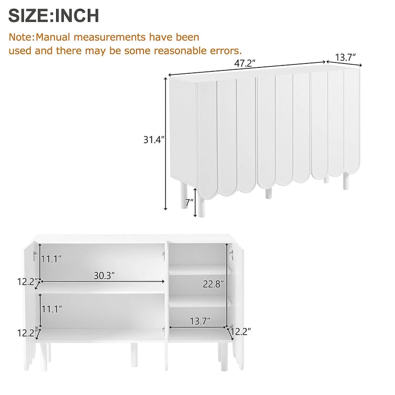 Cream Style Minimalist Shoe Cabinet with 5 Solid Wood Legs, Sideboard Buffet Cabinet with Adjustable Shelves