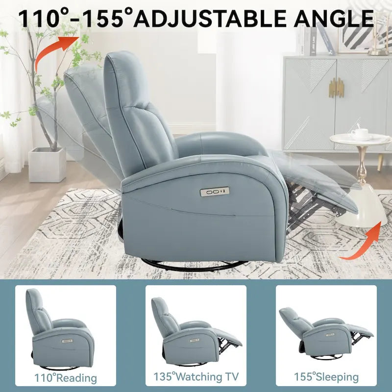 Leather Swivel and Rocker Power Recliner Chair, Max Swivel Degree 270, Heavy Duty Motion Mechanism with USB and Type-C