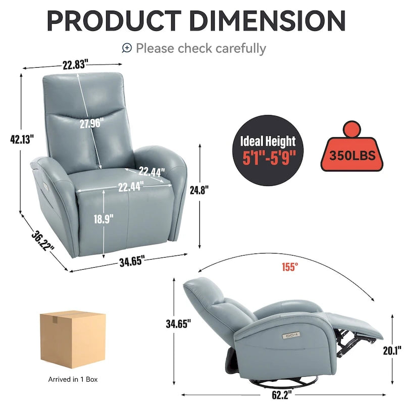 Leather Swivel and Rocker Power Recliner Chair, Max Swivel Degree 270, Heavy Duty Motion Mechanism with USB and Type-C