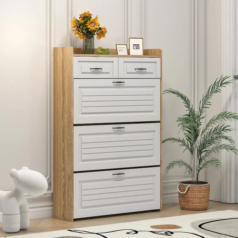 Shoe Cabinet for Entryway, Narrow Shoe Rack Storage Organizer with 2 Flip Drawers and Adjustable Shelves for 10 Pairs of Shoes