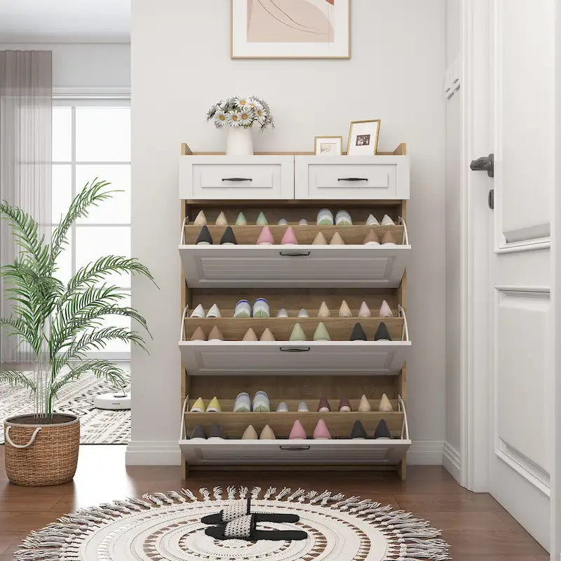 Shoe Cabinet for Entryway, Narrow Shoe Rack Storage Organizer with 2 Flip Drawers and Adjustable Shelves for 10 Pairs of Shoes