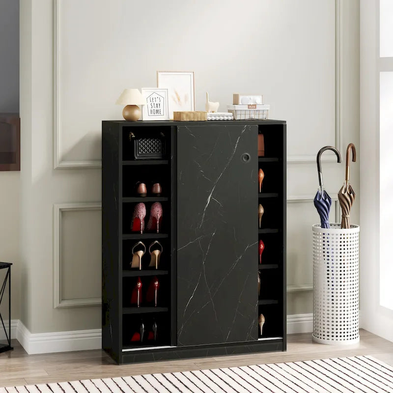 Marble black shoe cabient with sliding door have 6 layers can storage at least30 pairs shoes