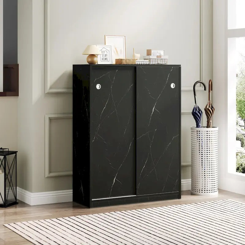 Marble black shoe cabient with sliding door have 6 layers can storage at least30 pairs shoes