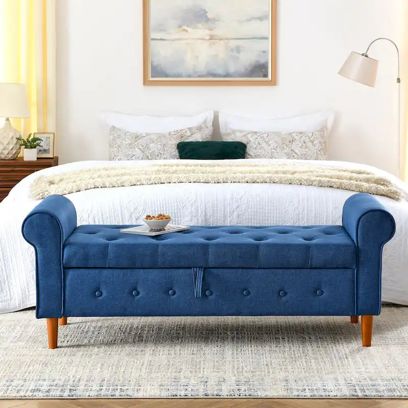 62 Bedroom Tufted Button Storage Bench, Modern Fabric Upholstered Ottoman, Window Bench, Rolled Arm Design