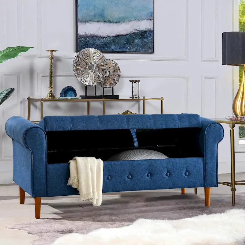 62 Bedroom Tufted Button Storage Bench, Modern Fabric Upholstered Ottoman, Window Bench, Rolled Arm Design