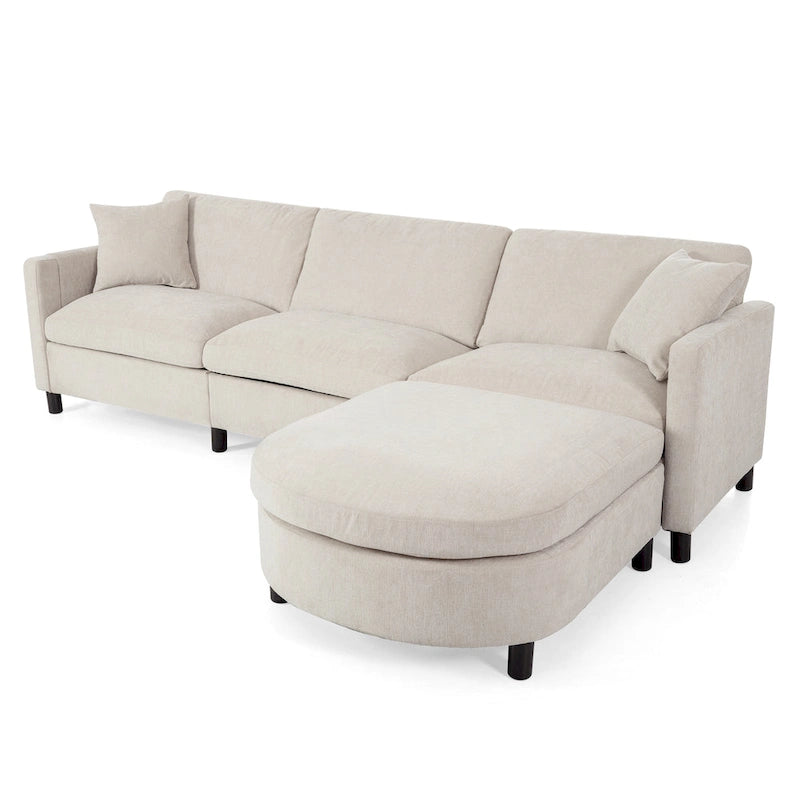 Beige 107.87 Spacious 4-Seater Sofa with Movable Ottoman, Removable Cushions, and Convenient Armrest Storage