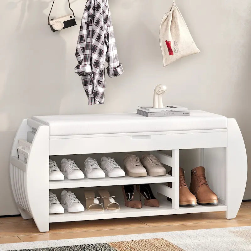 Retro Multifunctional Storage Bench with Cushion and Curved Side Panel for Entrance and Living room