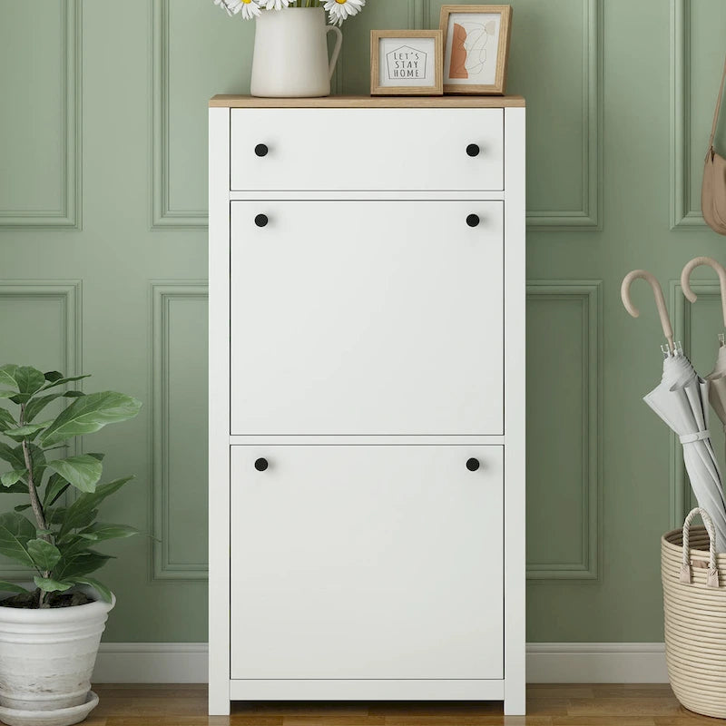 Functional Entryway Organizer with 2 Flip Drawers, Wood Grain Pattern Top Shoe Cabinet with Drawer