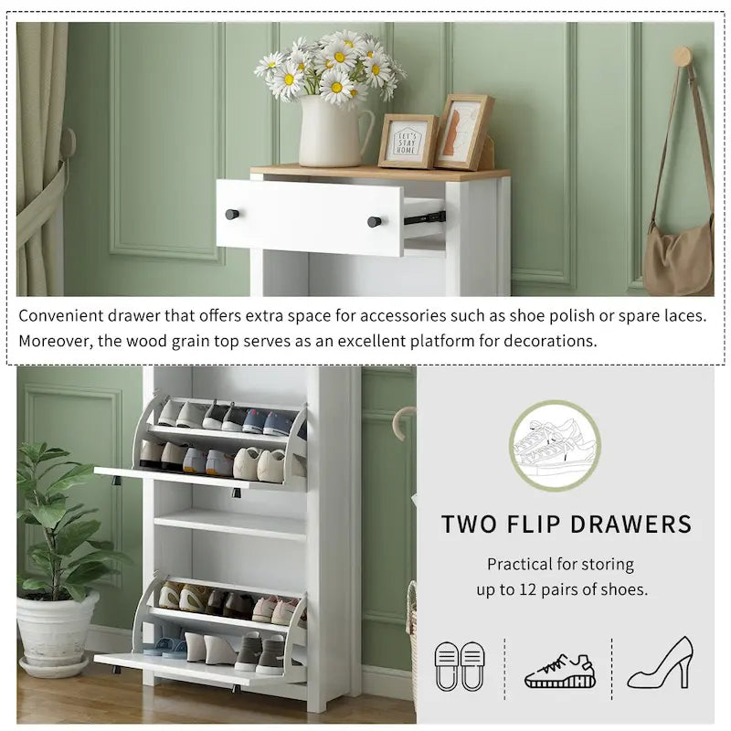 Functional Entryway Organizer with 2 Flip Drawers, Wood Grain Pattern Top Shoe Cabinet with Drawer