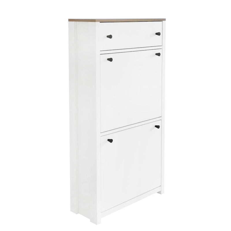 Functional Entryway Organizer with 2 Flip Drawers, Wood Grain Pattern Top Shoe Cabinet with Drawer