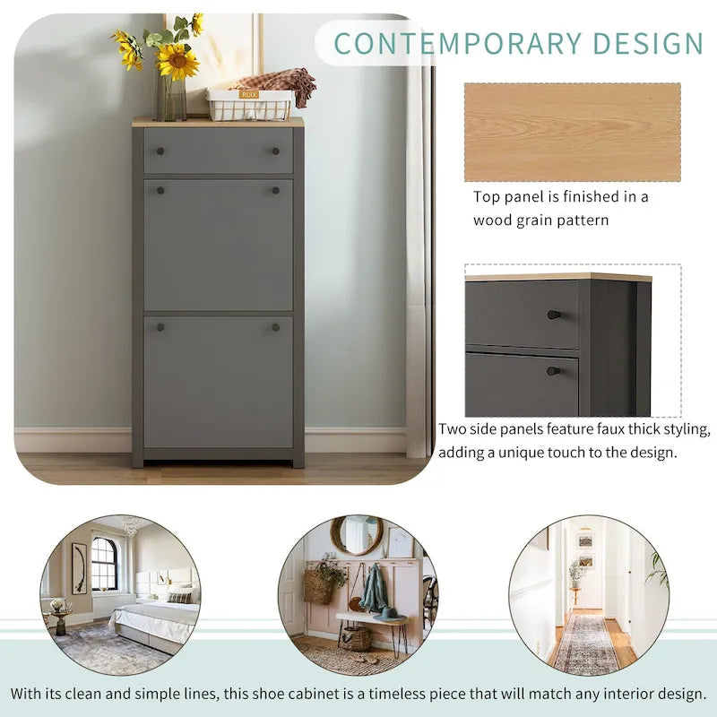 Functional Entryway Organizer with 2 Flip Drawers, Wood Grain Pattern Top Shoe Cabinet with Drawer