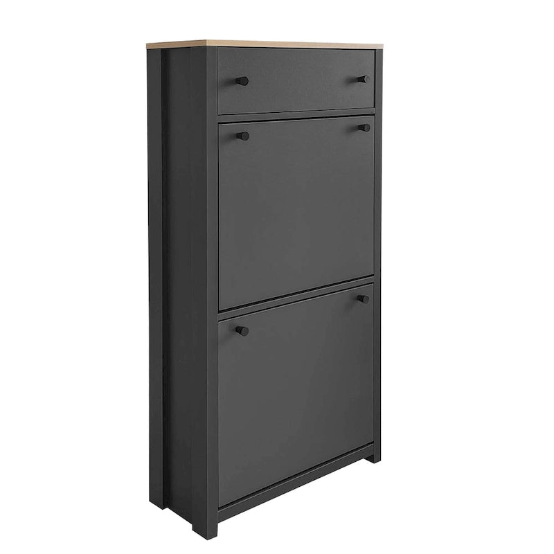 Functional Entryway Organizer with 2 Flip Drawers, Wood Grain Pattern Top Shoe Cabinet with Drawer