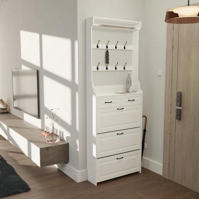 NEW White color shoe cabinet with 3 doors 2 drawers with hanger,large space for storage