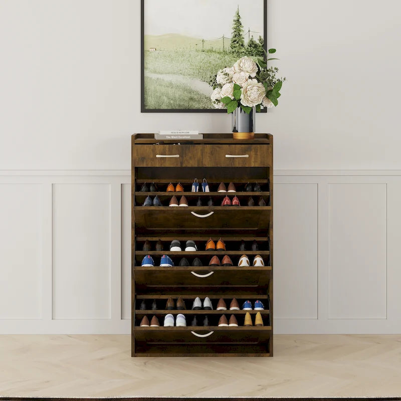 31.49 inches of white solid wood shoe cabinet, three-layer flip bucket shoe storage cabinet