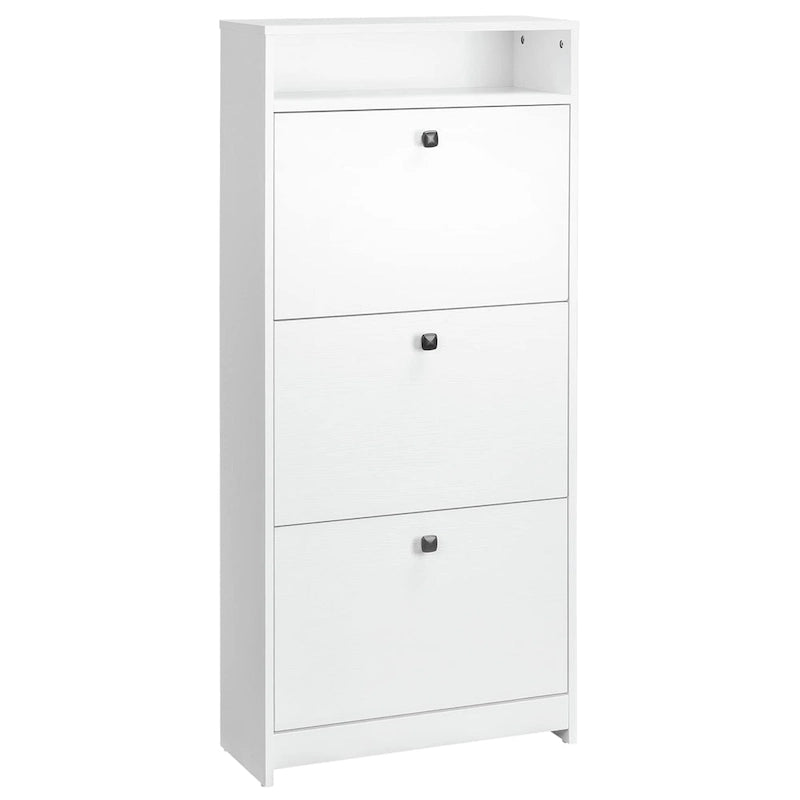 Slim Shoe Cabinet, Trendy Shoe Storage Cabinet with 3 Large Fold-Out Drawers & a Spacious Top Surface for Small Items, White