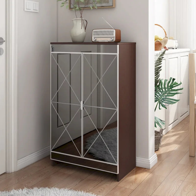 Elegant Decor Mirrored Cabinet with Silver Edging,Mirrored Cabinet with Double Door Storage
