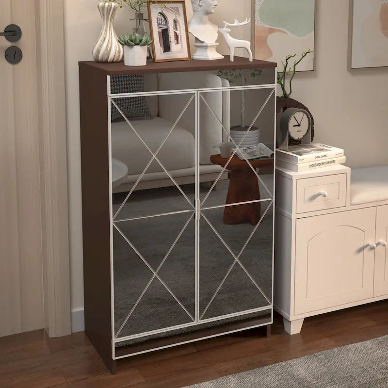Elegant Decor Mirrored Cabinet with Silver Edging,Mirrored Cabinet with Double Door Storage
