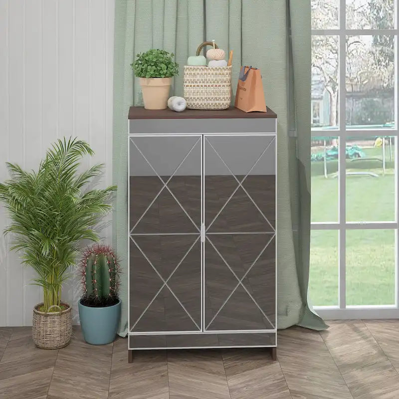 Elegant Decor Mirrored Cabinet with Silver Edging,Mirrored Cabinet with Double Door Storage