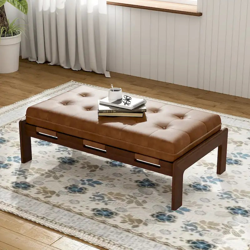 Table basse pouf rectangulaire capitonnée en cuir