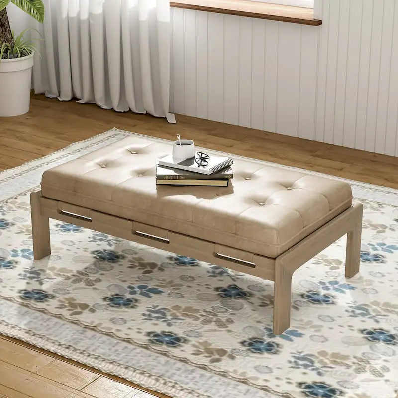 Table basse pouf rectangulaire capitonnée en cuir