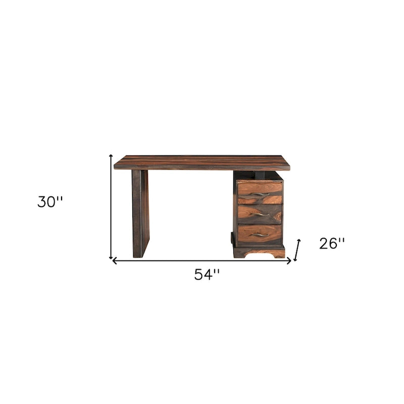 HomeRoots 54 Brown Live Edge Solid Wood Writing Desk With Three Drawers