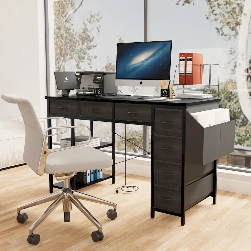 Modern Computer Desk with 7 Drawers and Built In Power Station for Gaming and Studying or Home Office Setup