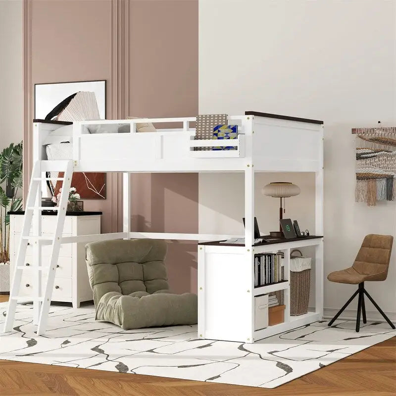 Queen Size Loft Bed with Bulit-in Desk and a Storage Box, Wooden Loft Bedframe with Open Shelf and USB Charging Station