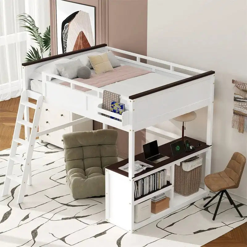 Queen Size Loft Bed with Bulit-in Desk and a Storage Box, Wooden Loft Bedframe with Open Shelf and USB Charging Station