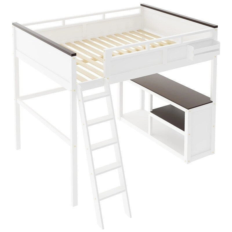 Queen Size Loft Bed with Bulit-in Desk and a Storage Box, Wooden Loft Bedframe with Open Shelf and USB Charging Station
