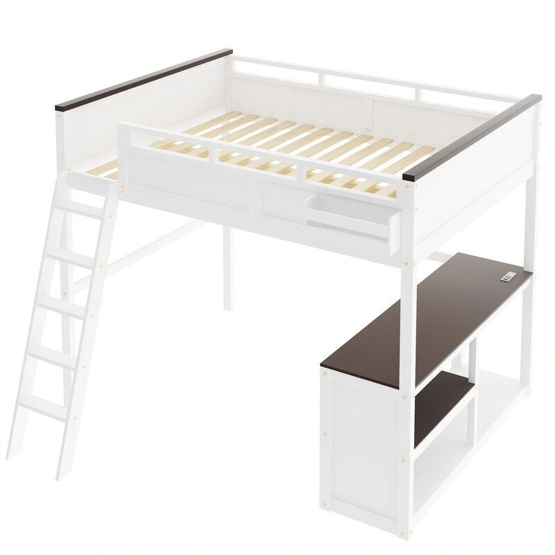 Queen Size Loft Bed with Bulit-in Desk and a Storage Box, Wooden Loft Bedframe with Open Shelf and USB Charging Station