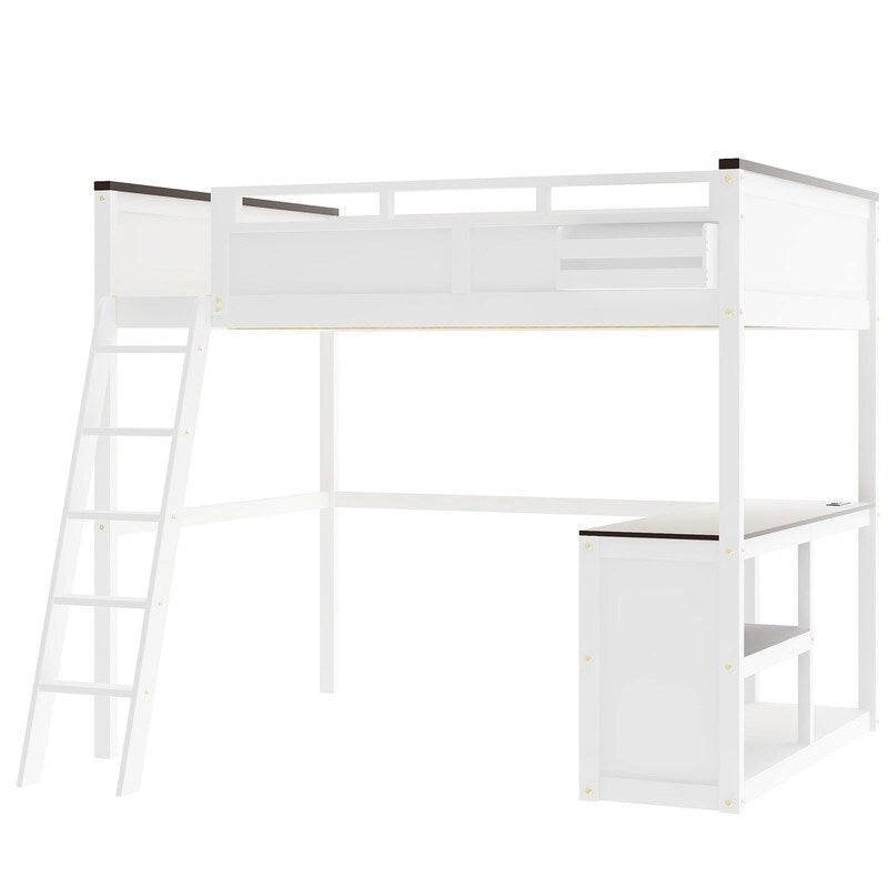 Queen Size Loft Bed with Bulit-in Desk and a Storage Box, Wooden Loft Bedframe with Open Shelf and USB Charging Station