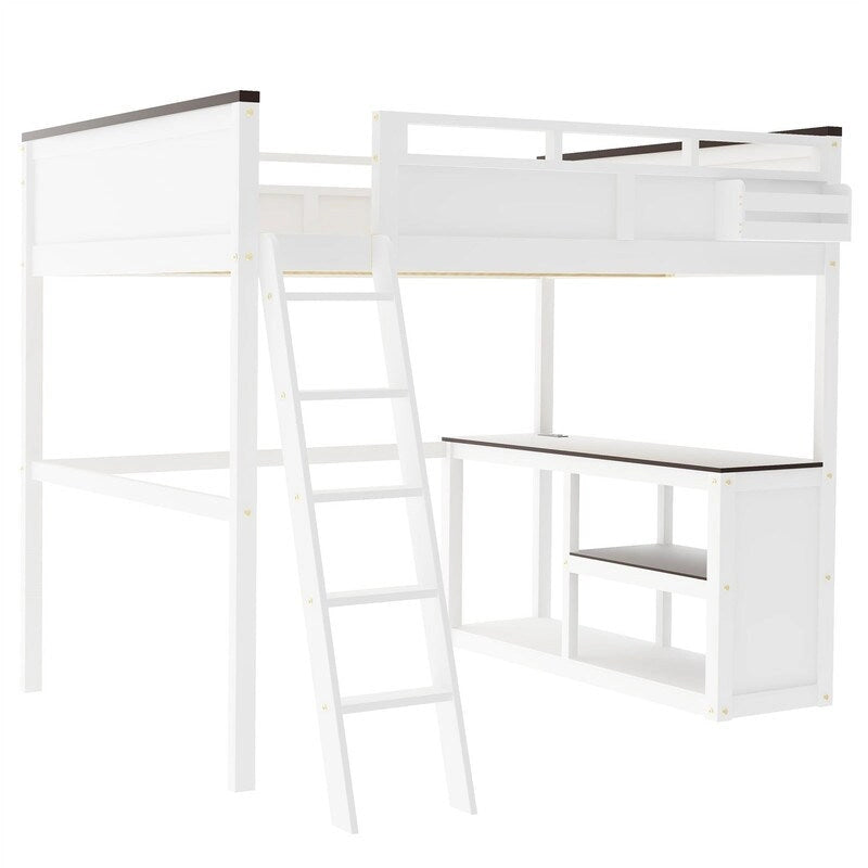 Queen Size Loft Bed with Bulit-in Desk and a Storage Box, Wooden Loft Bedframe with Open Shelf and USB Charging Station