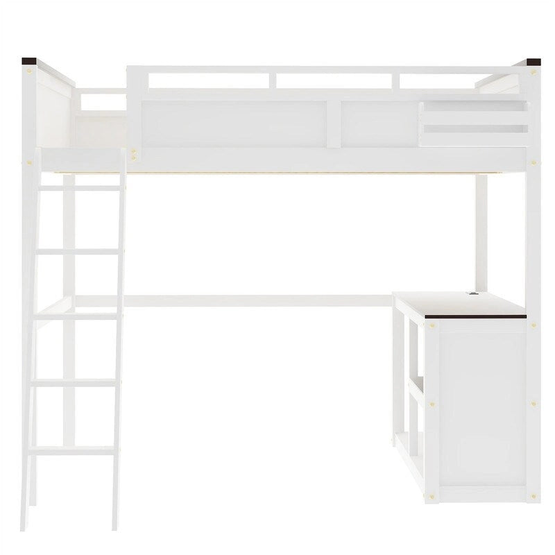 Queen Size Loft Bed with Bulit-in Desk and a Storage Box, Wooden Loft Bedframe with Open Shelf and USB Charging Station
