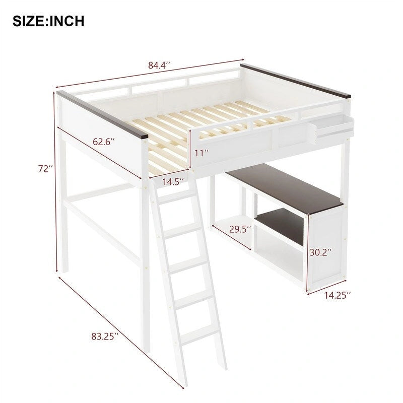 Queen Size Loft Bed with Bulit-in Desk and a Storage Box, Wooden Loft Bedframe with Open Shelf and USB Charging Station