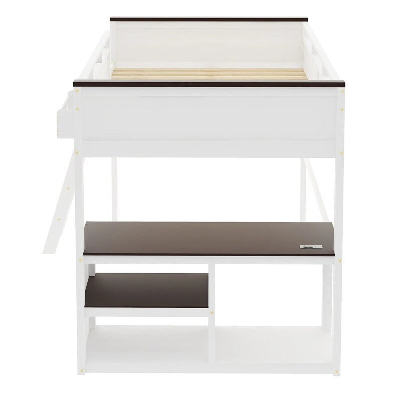 Queen Size Loft Bed with Bulit-in Desk and a Storage Box, Wooden Loft Bedframe with Open Shelf and USB Charging Station
