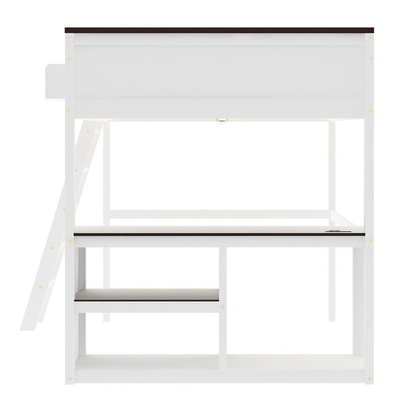 Queen Size Loft Bed with Bulit-in Desk and a Storage Box, Wooden Loft Bedframe with Open Shelf and USB Charging Station