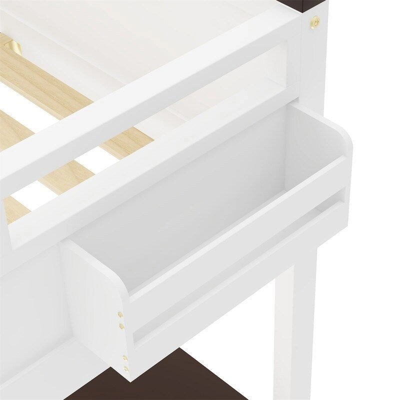 Queen Size Loft Bed with Bulit-in Desk and a Storage Box, Wooden Loft Bedframe with Open Shelf and USB Charging Station