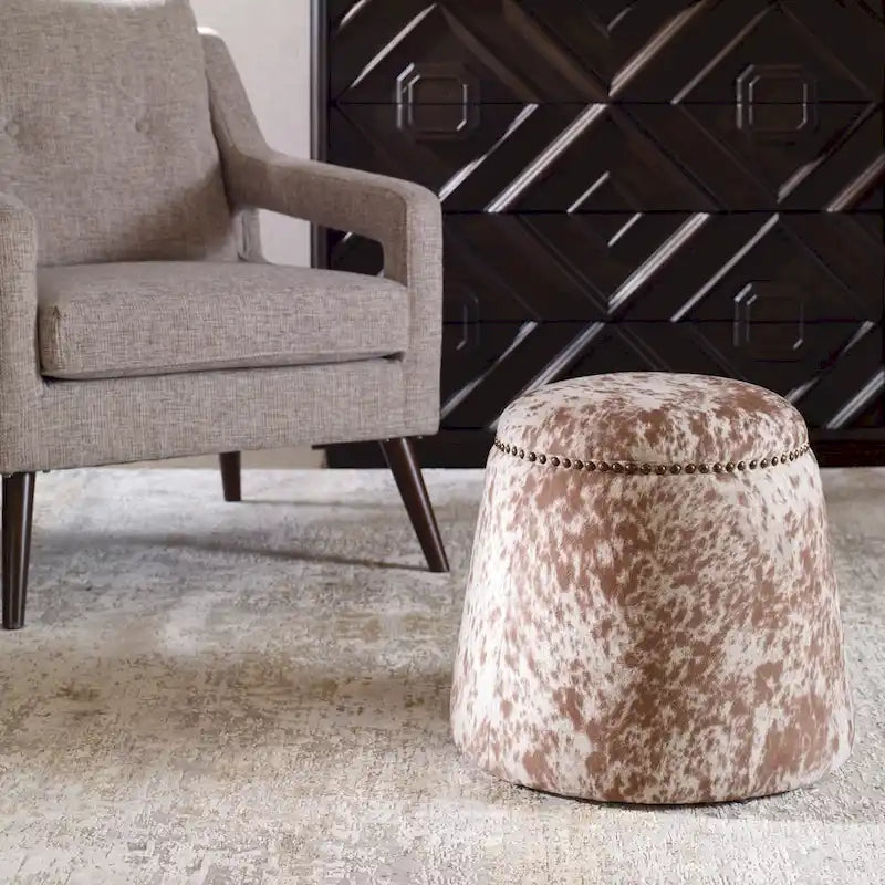 Cow Hide Pouf Ottoman with Nail Heads - 17 - Brown and White
