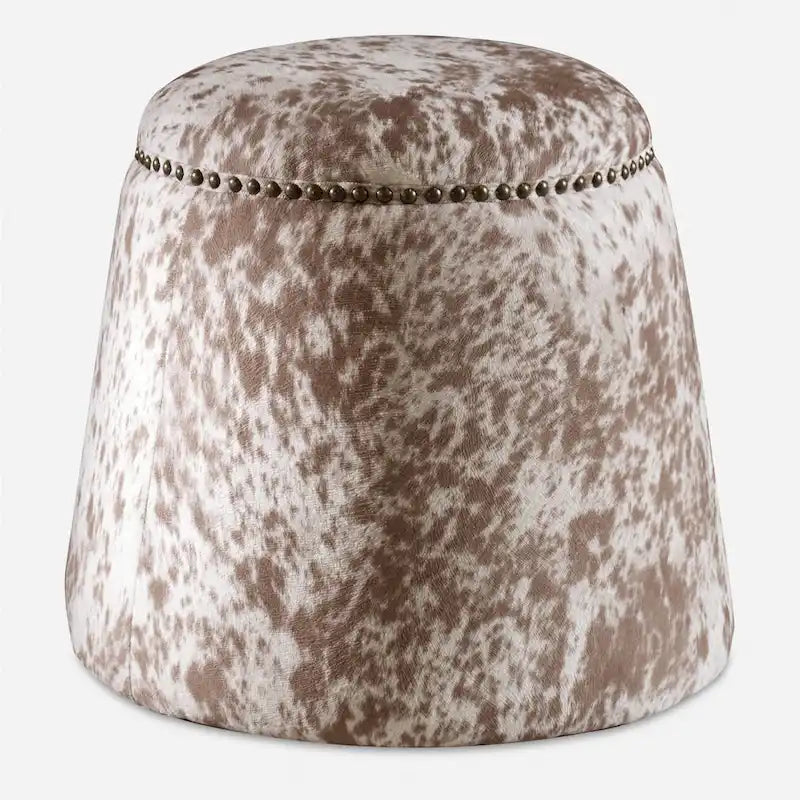 Cow Hide Pouf Ottoman with Nail Heads - 17 - Brown and White
