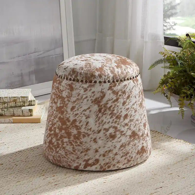 Cow Hide Pouf Ottoman with Nail Heads - 17 - Brown and White