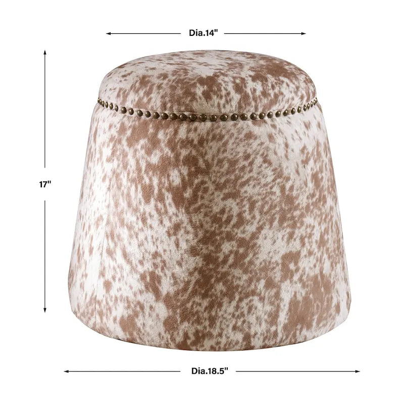 Cow Hide Pouf Ottoman with Nail Heads - 17 - Brown and White