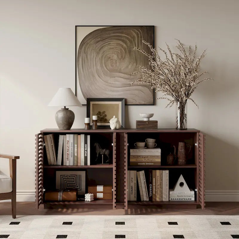 Hollow Cabinet Door Large Storage Cabinet For Living Room,Dining Room,Bedroom,Hall,Rosewood Oak,59.92W X 15.75D X 29.53H