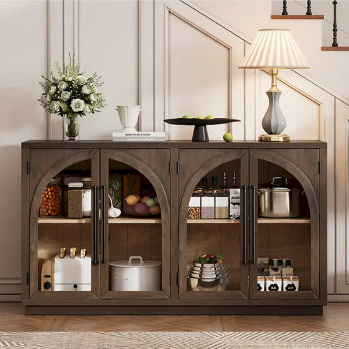 4-Door Large Storage Sideboard Buffet Cabinet with Glass Doors, Arched Cabinet with Adjustable Shelves
