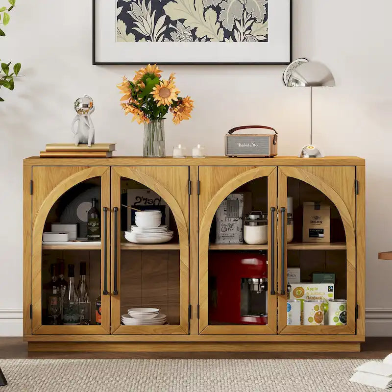 4-Door Large Storage Sideboard Buffet Cabinet with Glass Doors, Arched Cabinet with Adjustable Shelves