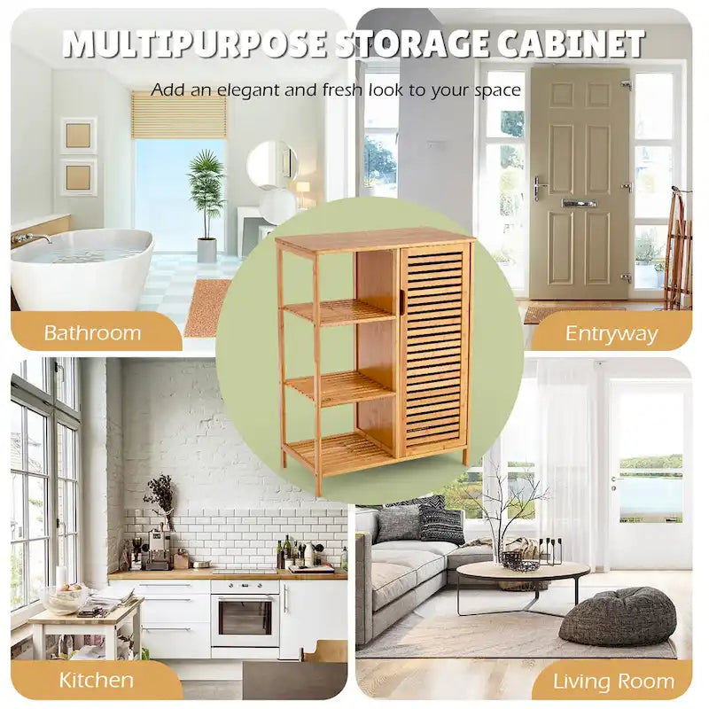 Costway Bathroom Cabinet Bamboo Storage Floor Cabinet w/ Single Door & - See Details
